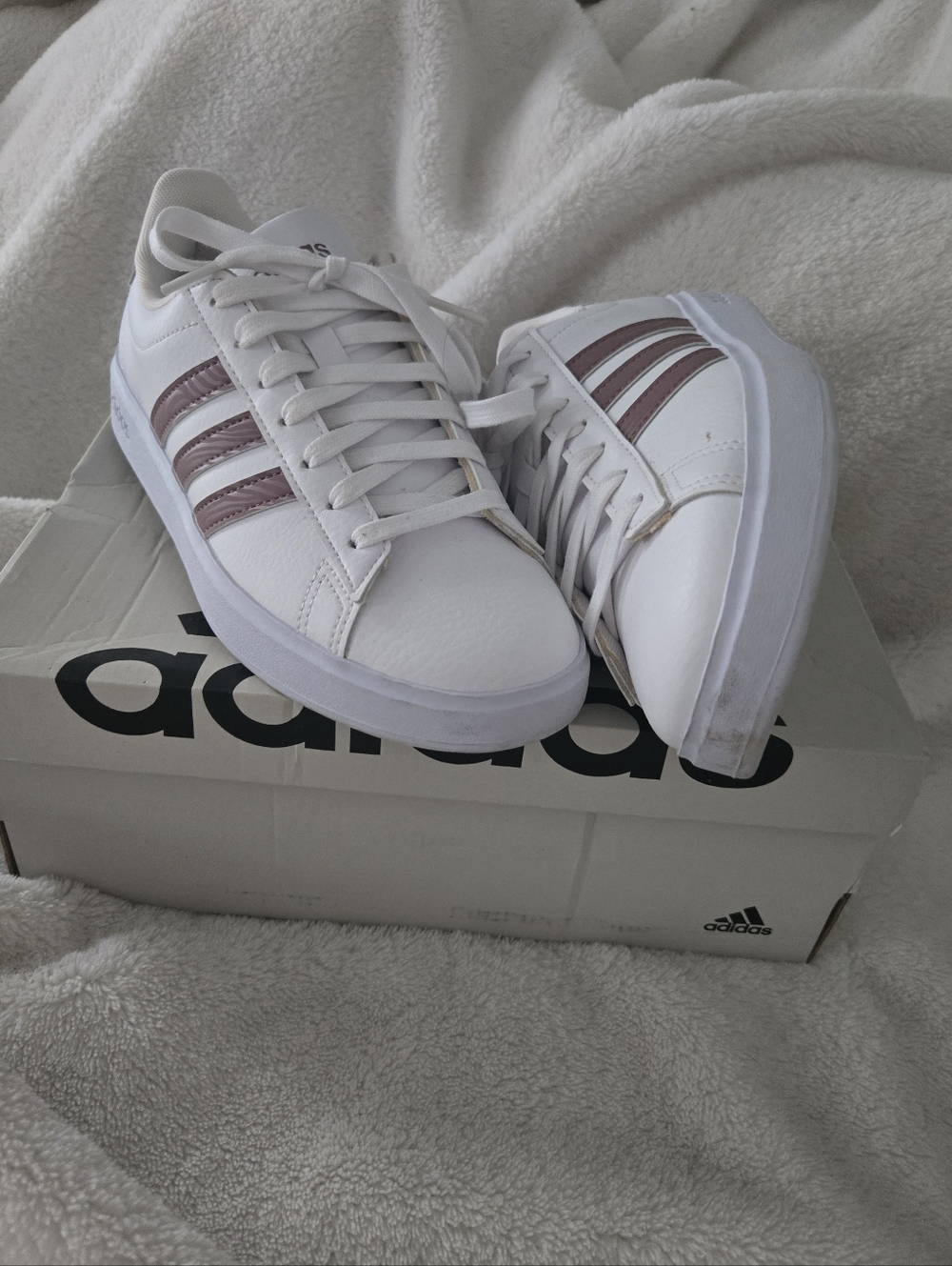 Adidas White Sneakers with Rose-Gold Stripes
